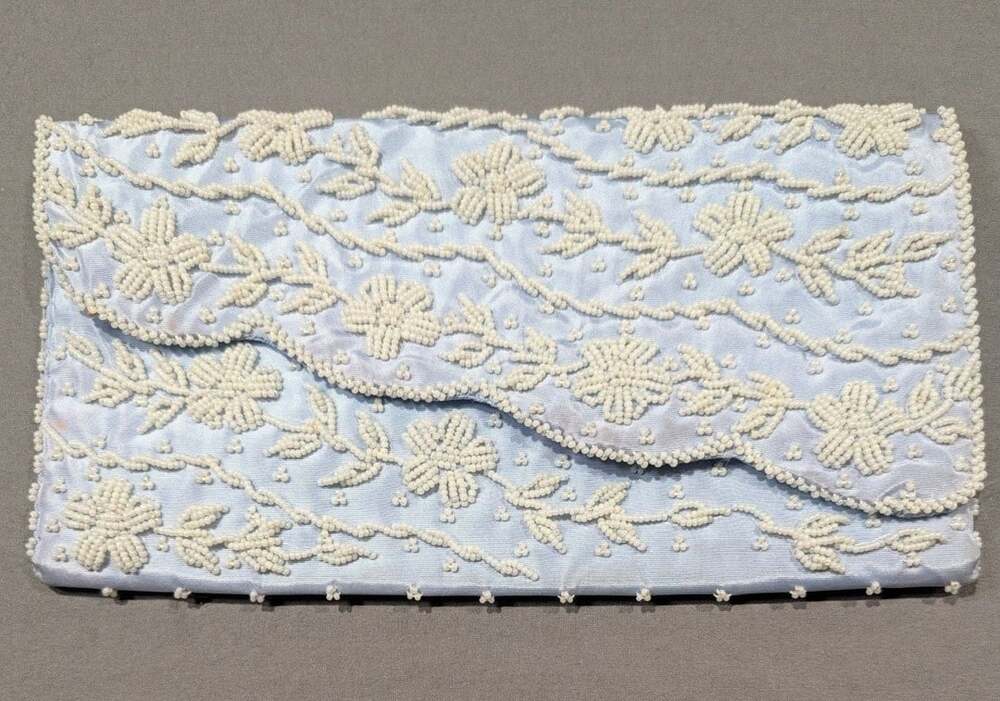 Vintage Hand Made in Hong Kong Light Blue Beaded Floral Evening Clutch Purse